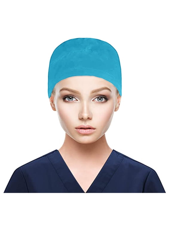 Unisex Solid Cotton Scrub Cap Adjustable Bouffant Hat With Sweatband And Buttons Nurse Doctor Work Cap Sky Blue
