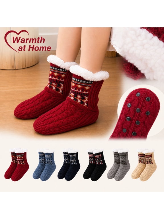 Unisex Thick Fleece Lined Non Slip Floor Socks Warm Cozy Indoor Slipper Socks Anti Skid Grippers Winter Loungewear for Women Men Beige M