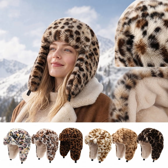 Voska Unisex Vintage Leopard Print Trapper Hat Fleece Lined Earflap Thick Warm Windproof Winter Ski Outdoor Cap A One Size