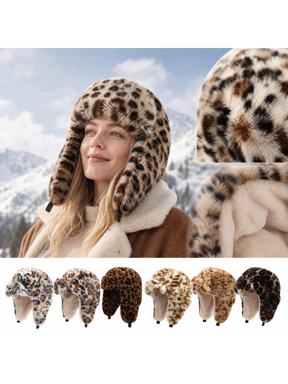 Unisex Vintage Leopard Print Trapper Hat Fleece Lined Earflap Thick Warm Windproof Winter Ski Outdoor Cap E One Size