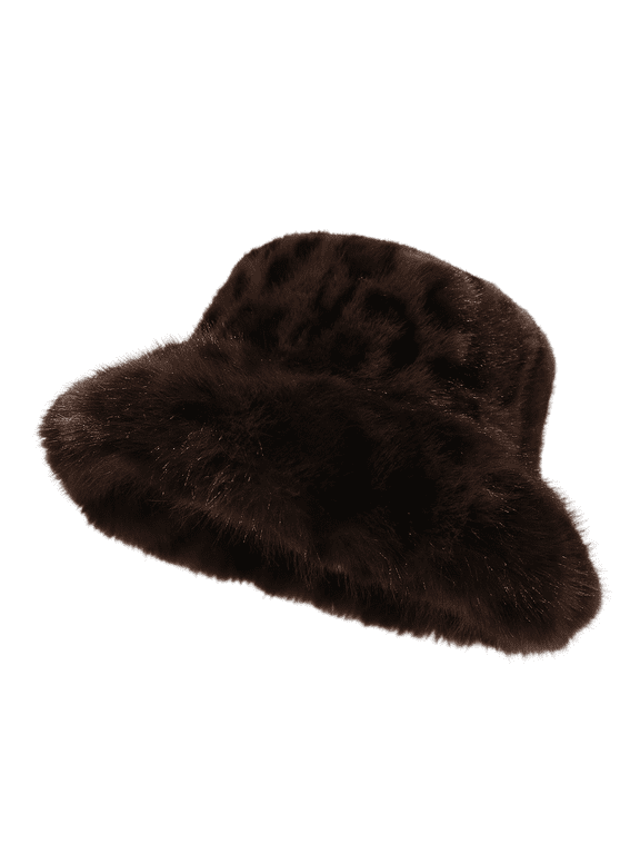 Unisex Winter Furry Bucket Hat Leopard Print Thick Plush Trim Fisherman Hat Warm Cold Weather Outdoor Commute Hat Coffee One Size
