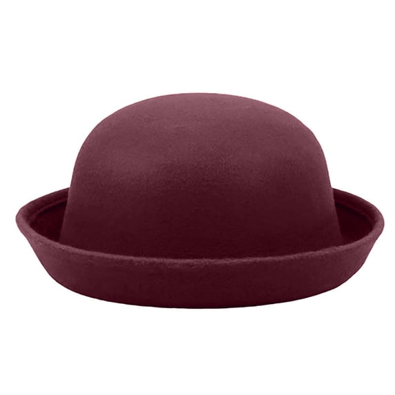 Voska Versatile Trendy Rolled Brim Round Dome Hat Artificial Wool Fedora Fall Winter Unisex Hat Wine