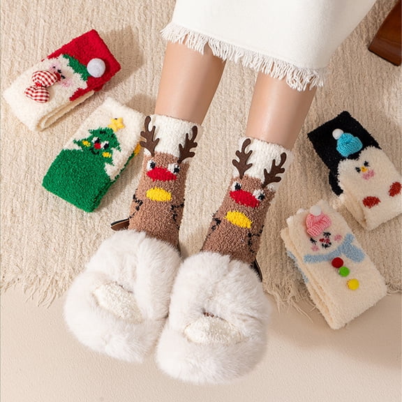Voska Warm Coral Fleece Christmas Cartoon Mid Calf Sleep Socks For Women Lovely Printed Indoor Floor Socks For Ladies Girls Winter Wear E One Size