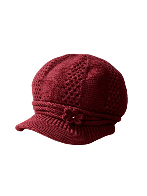 Women Cold Weather Knitted Short Brim Hat Fleece Lined Openwork Knit Floral Decor Winter Headwear for Daily Use Deep Red One Size