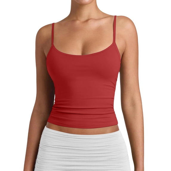 Voska Women's Basic Double Lined Scoop Neck Tank Tops Summer Cami Top | Adjustable Spaghetti Strap,Soft Skin Stretch,Slim Fit for Everyday Wear Red 2XL