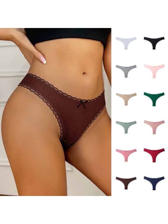 Women's Bow Front Lace Trim Low Rise Thong Panties Cotton Breathable Stretch Underwear Multi Color Pack Black XXL
