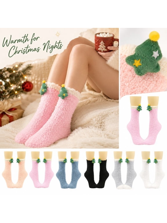 Women's Christmas Coral Fleece Crew Socks Thick Warm Fuzzy Sleep Socks 3D Christmas Tree Decoration Winter Holiday Gifts for Women Purple One Size