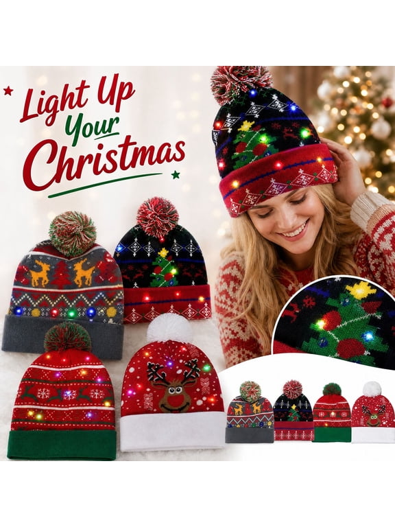 Women's Christmas LED Knit Beanie Hat Colorful Glowing Santa Claus Hat Winter Holiday Party Costume Headwear with Pom Pom