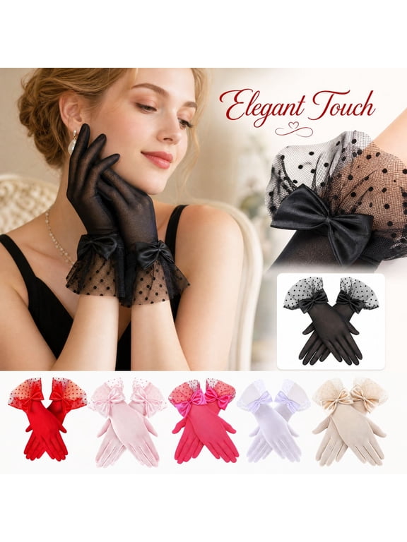 Women's Elegant Mesh Lace Gloves Polka Dot Bow Trim Dress Accessories for Party Wedding Cosplay Daily Wear for Women Red One Size