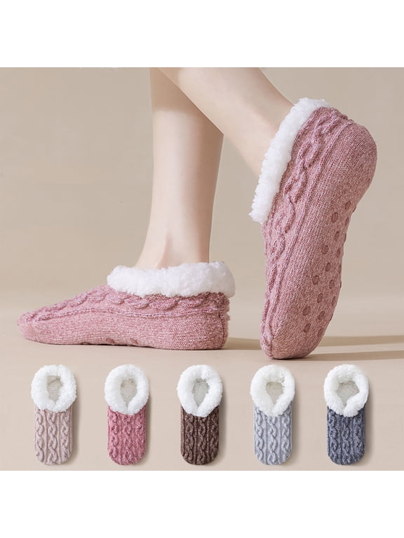 Women's Fleece Lined Thick Warm Sleeping Socks Anti Slip Grip Dots Floor Socks Cozy Home Sock Slippers Winter Gift for Women Gray One Size
