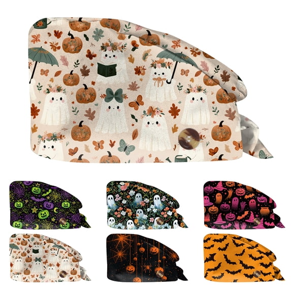 Voska Women's Halloween Print Scrub Cap Work Hat Cotton Adjustable Breathable Full Coverage Nurse Hat Cosplay Daily Shower Hair Cap Black one size