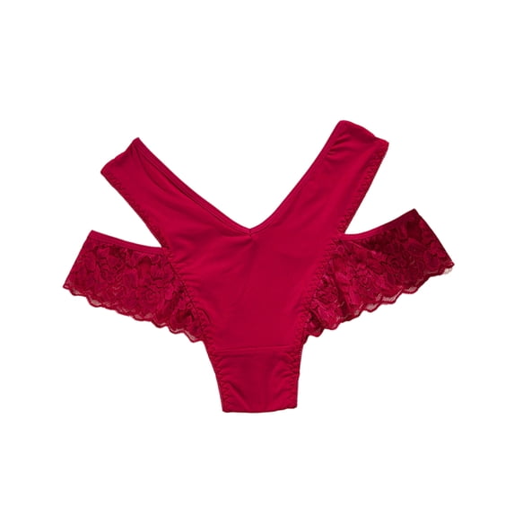 Voska Women's Ice Silk Lace V Front Thong Panties Mid Rise Breathable Cotton Casual Daily Underwear Red L