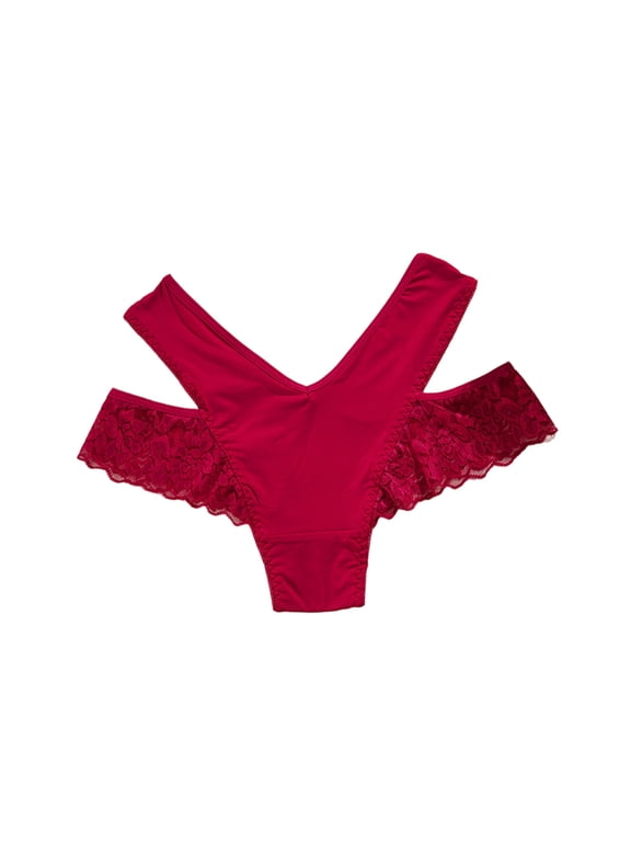 Women's Ice Silk Lace V Front Thong Panties Mid Rise Breathable Cotton Casual Daily Underwear Red S
