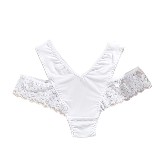 Voska Women's Ice Silk Lace V Front Thong Panties Mid Rise Breathable Cotton Casual Daily Underwear White XL