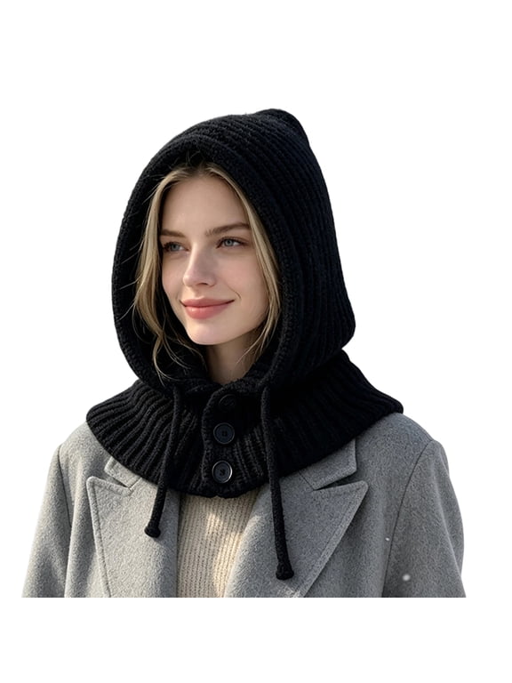 Women's Knitted Hooded Scarf Hat Windproof Warm Balaclava Pullover Hat Button Drawstring Winter Outdoor Hat Black One Size