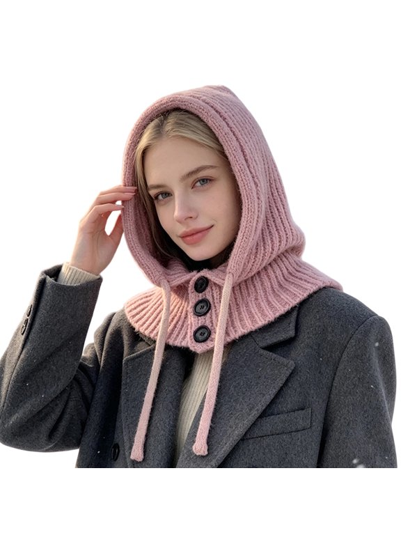 Women's Knitted Hooded Scarf Hat Windproof Warm Balaclava Pullover Hat Button Drawstring Winter Outdoor Hat Pink One Size