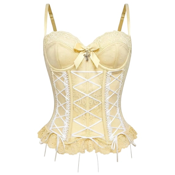 Voska Women's Lace Corset Vest With Butterfly Crisscross Design Flexible Firm Compression Waist Cincher Breathable Skin Friendly Underbust Shapewear Yellow S