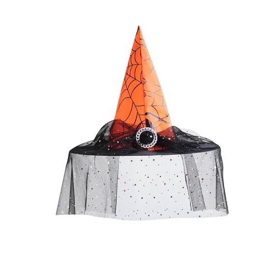 Voska Women's Oxford Cloth Witch Hat Silver Buckle Tulle Halloween Cosplay Accessory Orange