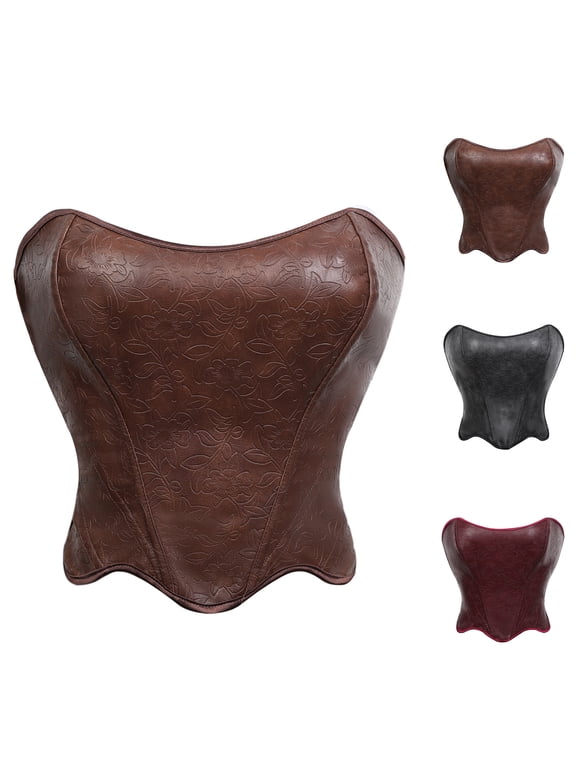Women's PU Leather Bustier Corset Top Lace Up Back Vintage Embossed Fishbone Waist Trainer Shapewear Party for Women Wine M