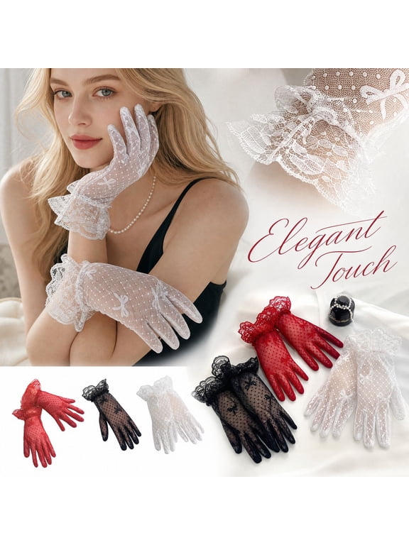 Women's Polka Dot Bow Gloves Sheer Mesh Semi Transparent Dress Gloves Wedding Party Evening Formal Accessories for Women White One Size