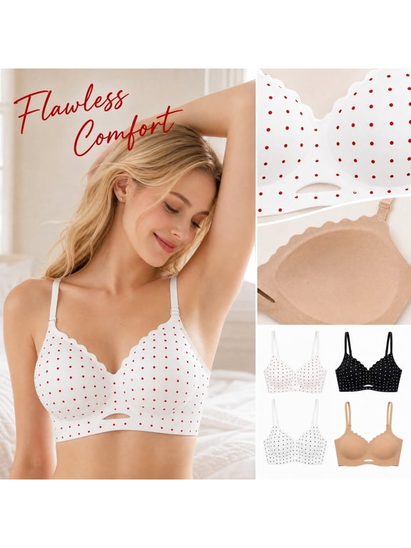 Women's Polka Dot V Neck Push Up Wireless Bra Thin Breathable Seamless Comfortable Everyday Underwear for Women Red 32