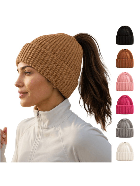 Women's Ponytail Beanie Hat Thick Warm Knit Cold Weather Cap for Running Outdoor Sports Winter High Bun Friendly Black One Size