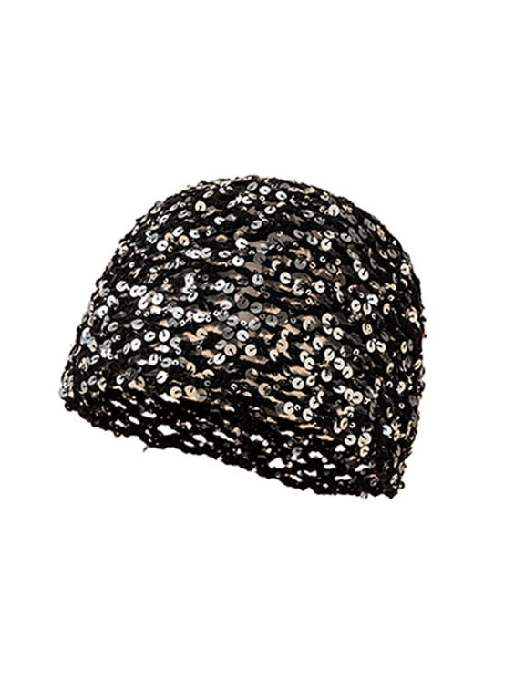 Women's Sequin Hollow Mesh Hair Snood Cap Polyester Cotton Party Headpiece Black