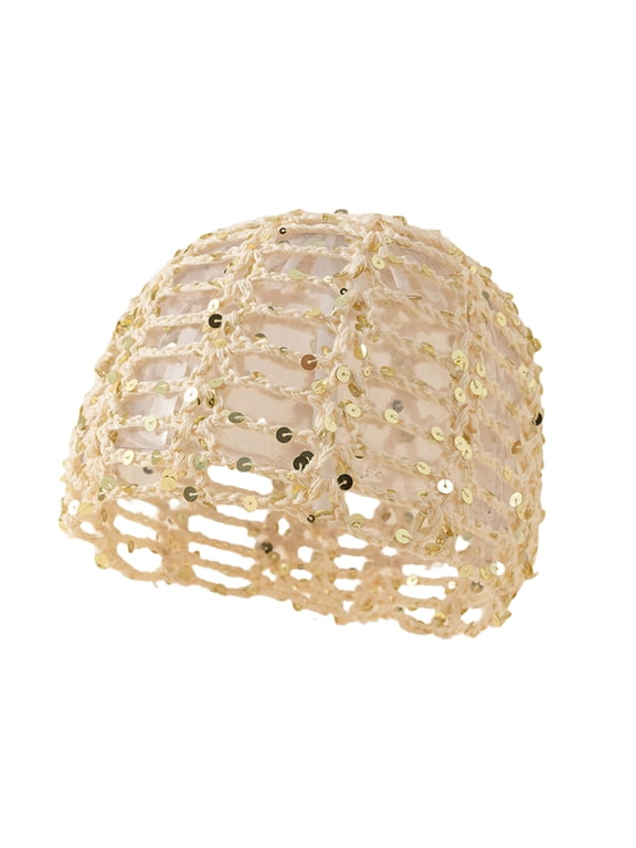 Women's Sequin Openwork Hair Net Cap Handmade Hair Styling Hat Daily Hair Accessory Snood Beige