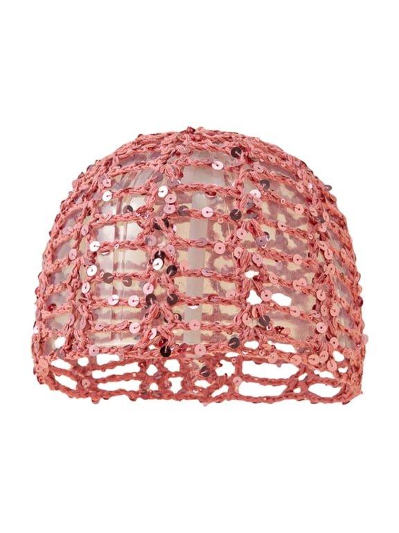 Women's Sequin Openwork Hair Net Cap Handmade Hair Styling Hat Daily Hair Accessory Snood Pink