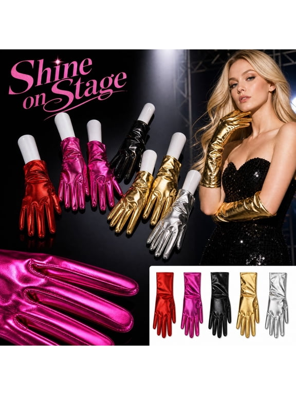 Women's Stage Performance Gloves Shiny Patent Leather Reflective Surface Dance Costume Party Gloves for Women Girls Red One Size