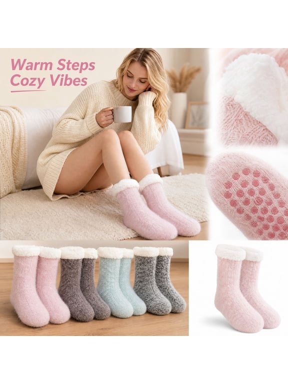Women's Thick Fleece Lined Winter Floor Socks Non Slip Grippers Warm Cozy Indoor Slipper Socks Soft Stretchy Fit Loungewear for Women Mint Green One Size