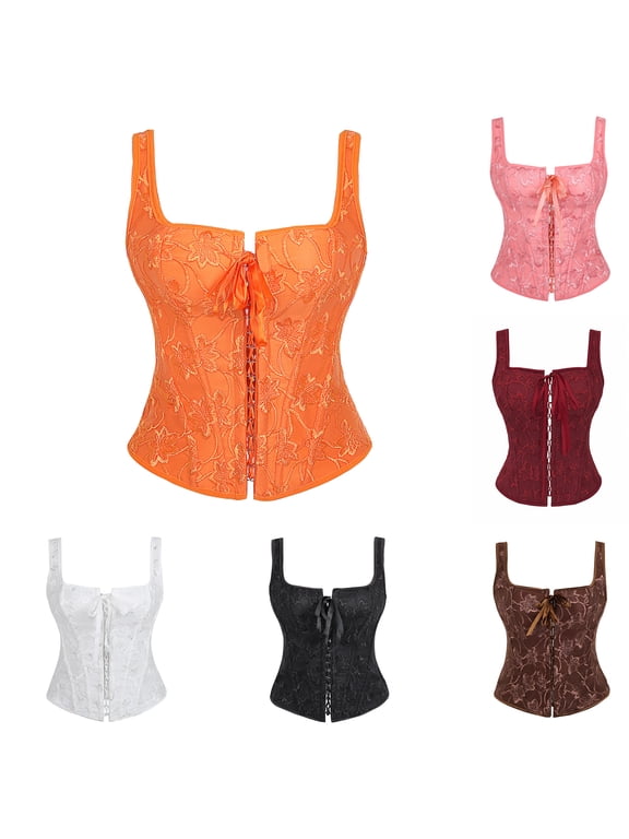 Women's Vintage Embroidery Corset Bustier Top Double Strap Lace Up Fishbone Waist Trainer Shapewear Clubwear for Women Black S