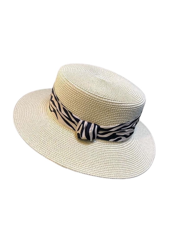 Women's Woven Straw Boater Sun Hat Flat Top Crown Zebra Print Band Knot Decor Wide Brim For Summer Outdoor Wear Beige One Size