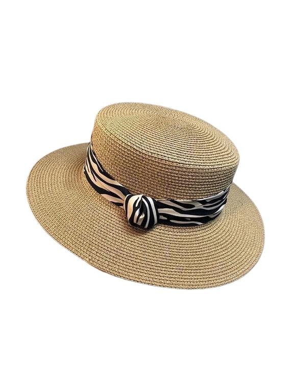 Women's Woven Straw Boater Sun Hat Flat Top Crown Zebra Print Band Knot Decor Wide Brim For Summer Outdoor Wear Khaki One Size
