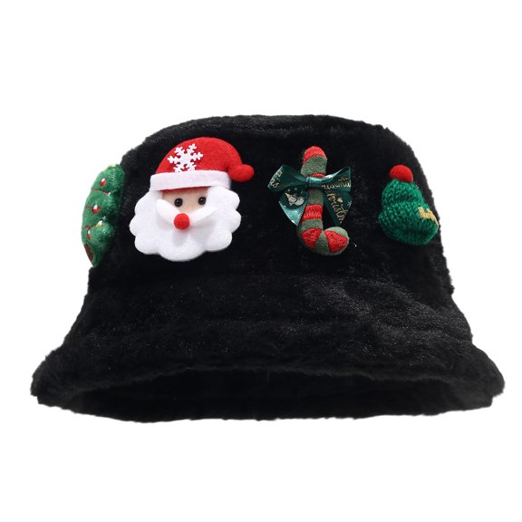 Voska Womens Christmas Plush Bucket Hat Soft Fuzzy Fisherman Cap With Santa Tree Mitten Applique Winter Holiday Party Accessory Black