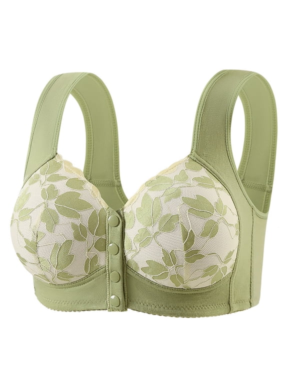 Womens Leaf Floral Print Front Closure Wireless Vest Bra Wide Strap Full Coverage Light Support Bra Green 40