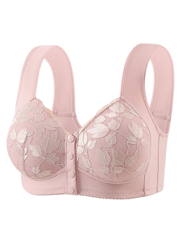 Womens Leaf Floral Print Front Closure Wireless Vest Bra Wide Strap Full Coverage Light Support Bra Light pink 38