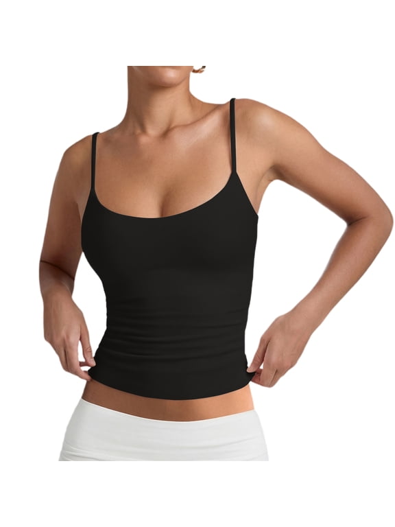 Womens Solid Camisole Tank Top Scoop Neck Thin Straps Sleeveless Body Skimming Stretch Lightweight Pullover Top Black S