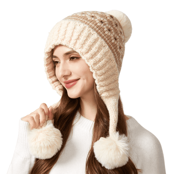 Voska Womens Thick Knit Ear Flap Winter Hat Soft Fleece Lined 3 Pom Pom Pull On Beanie with Fair Isle Pattern Beige One Size