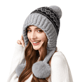 thumbnail image 1 of Voska Womens Thick Knit Ear Flap Winter Hat Soft Fleece Lined 3 Pom Pom Pull On Beanie with Fair Isle Pattern Gray One Size, 1 of 4