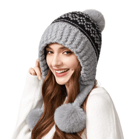 Voska Womens Thick Knit Ear Flap Winter Hat Soft Fleece Lined 3 Pom Pom Pull On Beanie with Fair Isle Pattern Gray One Size