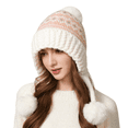 thumbnail image 1 of Voska Womens Thick Knit Ear Flap Winter Hat Soft Fleece Lined 3 Pom Pom Pull On Beanie with Fair Isle Pattern White One Size, 1 of 4