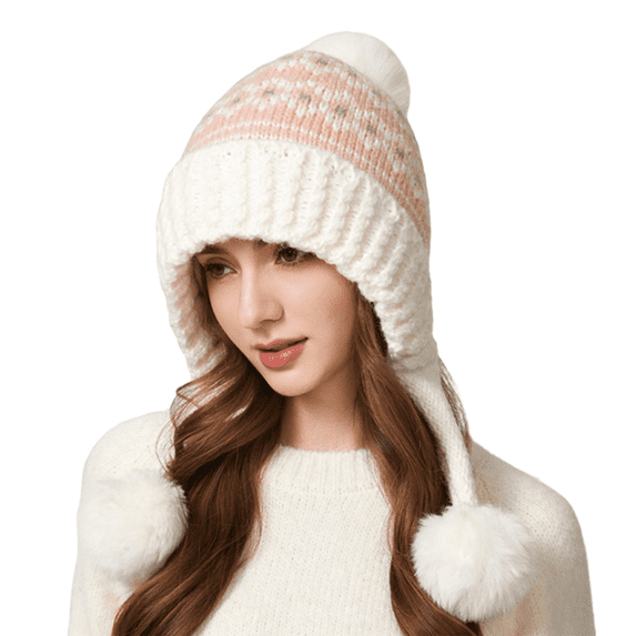 Voska Womens Thick Knit Ear Flap Winter Hat Soft Fleece Lined 3 Pom Pom Pull On Beanie with Fair Isle Pattern White One Size