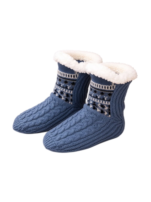 Womens Winter House Slipper Socks Fleece Lined Cable Knit Non Slip Gripper Sole Geometric Pattern Fold Cuff Blue S