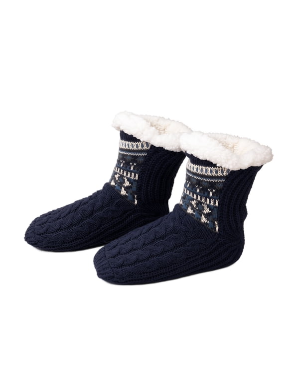 Womens Winter House Slipper Socks Fleece Lined Cable Knit Non Slip Gripper Sole Geometric Pattern Fold Cuff Navy S