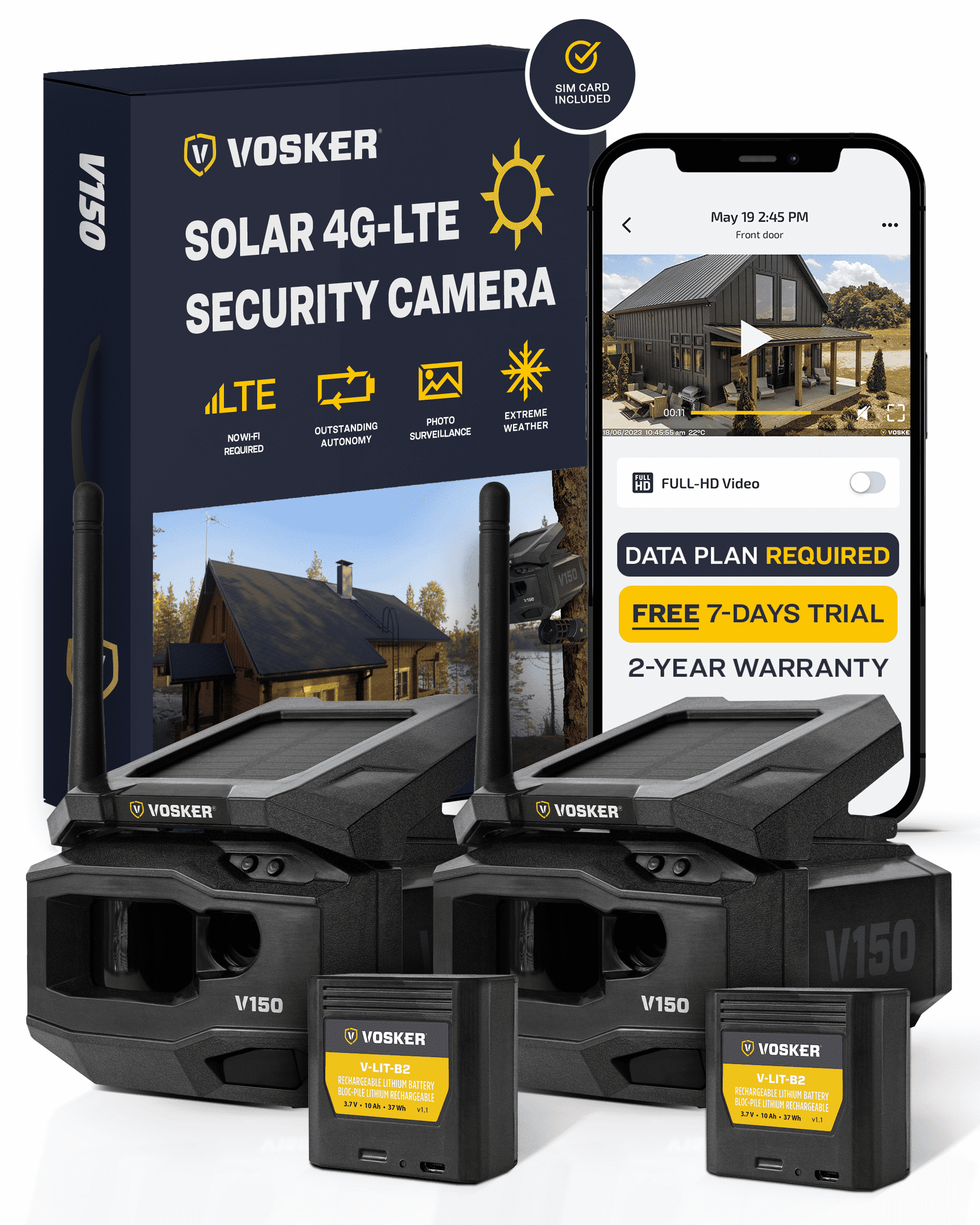 Vosker V150 Outdoor Cellular Security Camera, Solar Powered, Night Vision, Motion Detection, Wireless, 2 Pack