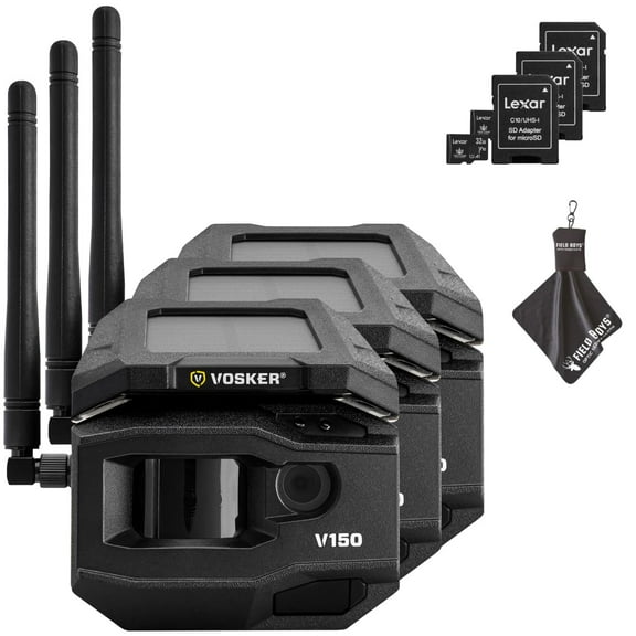 Vosker V150 Solar-Powered LTE Cellular Home Security Outdoor Camera Motion Activated Sensor Nightvision Wireless Camera Receive Photos on Your Mobile App with SD CARDS and Cleaning Cloth 3PK