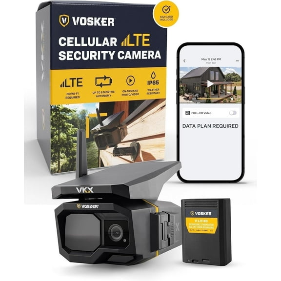 Vosker VKX Solar-Powered 4G-LTE Outdoor Cellular Security Camera, 1080p HD, No WiFi Needed, Motion-Activated, Night Vision, SIM Card Included, IP65 Weather-Resistant, On-Demand Mode