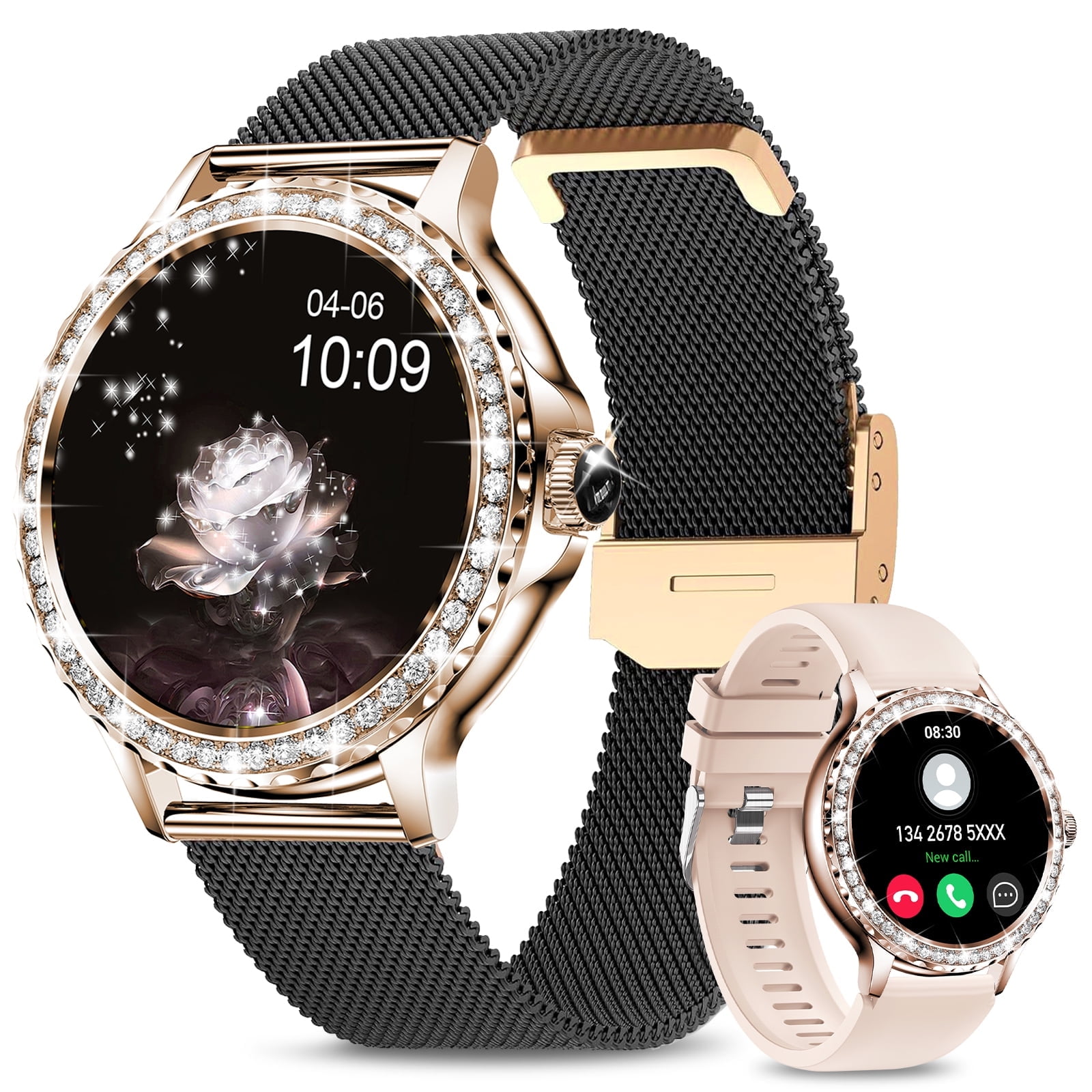 Vosoirsi NX19 Stainless Steel Gold Case with Black gold Band, 1.3 in Smartwatch