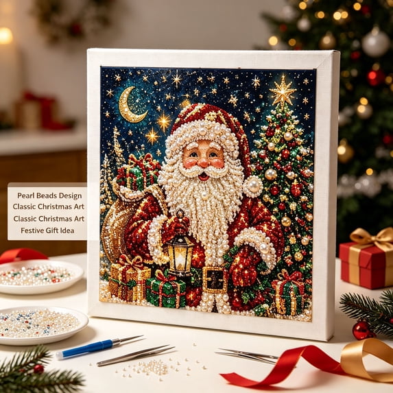 Vostella Christmas Pearl Diamond Painting DIY Art Kit , Christmas Pearl Bead Art Craft for Adults, Pearl Art Craft Kit for Holiday Wall Decor, Handmade Christmas Home Decoration Craft